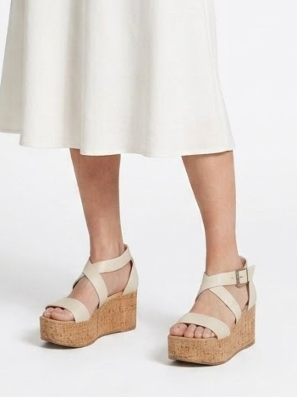 Andrea Off White Cork Platform Wedge Sandals Ankle Strap Resortcore Sz 7.5